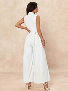 SHEIN PETITE 超宽腿拉链前无袖连体裤 - 杏色 - 查看 2