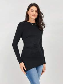 Miaspire 女式黑色天鹅绒褶皱开叉修身T恤，适合秋季女装 - 黑色 - 查看 3