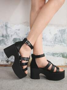 Sugerpunk 女士小众朋克风格带扣后拉链圆头厚底坡跟罗马凉鞋，PU 材质黑色，适合派对、日常穿着、晚礼服，增高修腿，舒适百搭的高跟鞋 - 黑色 - 查看 3