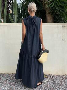 DAZY 女士夏季露背无袖牛仔伞裙度假装 - 藍色 - 查看 2