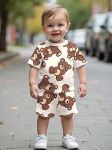 SHEIN 2 件套男婴休闲卡通熊图案圆领短袖衬衫和短裤套装，适合夏季