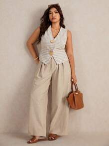 Elaquor Plus Size Casual Versatile Solid Color Loose Fit Suit Pants - Khaki - View 4