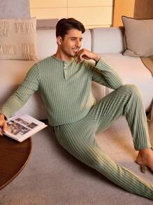 Manfinity Underwear&Sleepwear Basics 男士纯色罗纹针织上衣和裤子睡衣套装，秋冬服装，舒适保暖