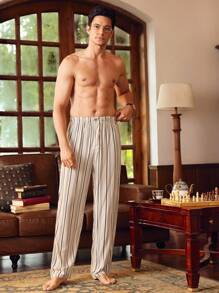 Manfinity 男士条纹阔腿宽松休闲裤、家居服下装 - 卡其色 - 查看 2