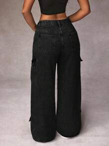 SHEIN PETITE Jeans anchos de tela vaquera casual y desgastados para mujeres - Negro - Ver 2