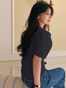 DAZY Áo cánh tay bồng cổ chữ V màu trơn bó eo cho nữ - Xám - Xem 3