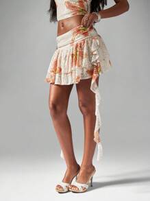 MISSGUIDED 手工制作的亮片迷你裙，分层褶边设计，节日派对俱乐部服装，晚装，高腰，闪耀节日，特殊场合，花卉图案 - 彩色 - 查看 1