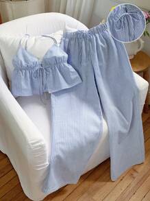 Comfortcana 女士两件套编织条纹休闲度假套装，春夏款 - 藍白色 - 查看 6