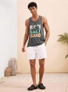 Manfinity VCAY Chaleco ligero y transpirable de punto con estampado de palmeras y letras hawaianas para hombres, ideal para vestimenta casual de playa, vacaciones y surf en verano, color gris