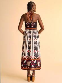 CAJUNI Robe à col ras-du-cou à nouer imprimée pour femmes - Vêtements bohèmes pour femmes / Vêtements occidentaux pour femmes / Graphique / Top décontracté pour femmes / Vêtements d'automne pour femmes