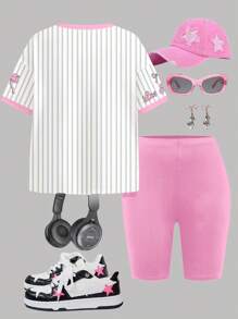 Muchica Áo thun tay ngắn cổ tròn in họa tiết sọc thể thao màu hồng chữ cái tiếng Anh đơn giản, thoải mái dành cho nữ, phù hợp cho mùa hè, mùa thể thao, phong cách đại học, phong cách học sinh, phong cách quý tộc - Nhiều màu - Xem 9