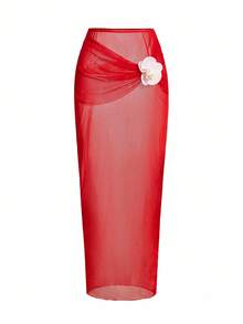 Swim Oasis Bộ bikini hở lưng họa tiết hoa 3D đi biển dành cho nữ kèm áo choàng và váy, mùa hè - Đỏ - Xem 4