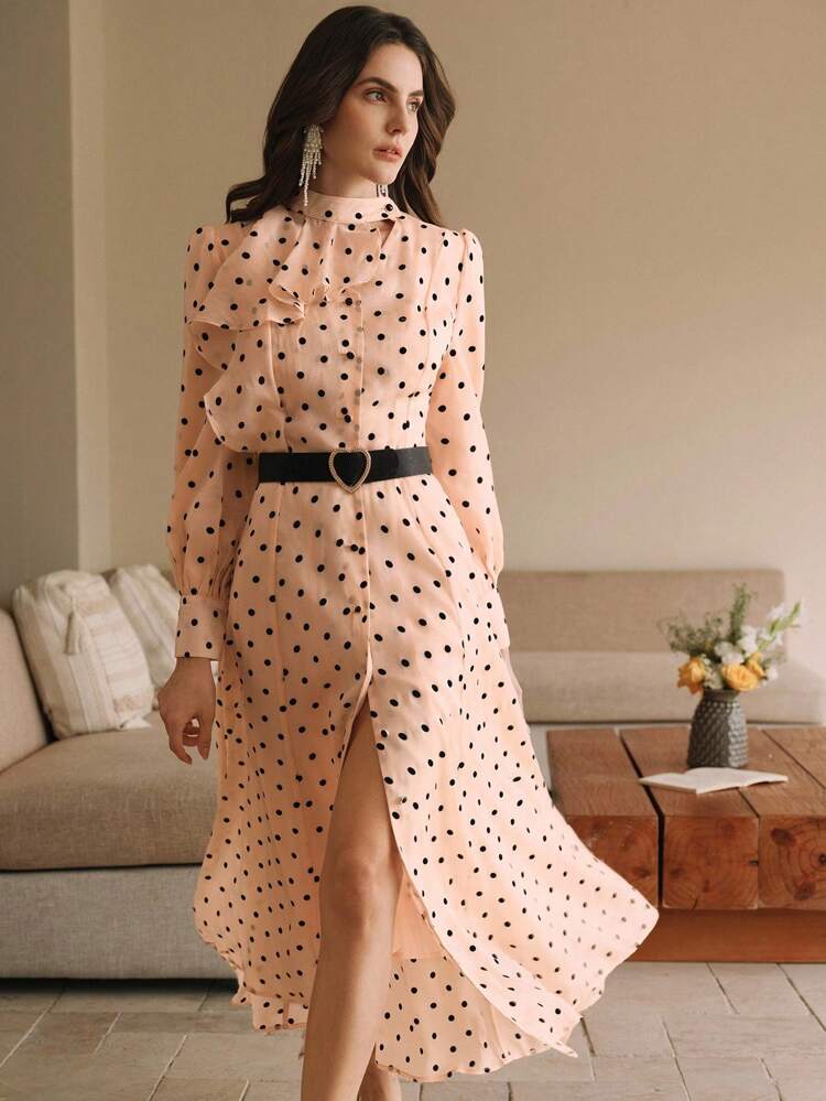 Elegant Long Sleeve Polka Dot Mock Neck A-Line Dress With Cinched Waist Maxi Organza Women Outfit