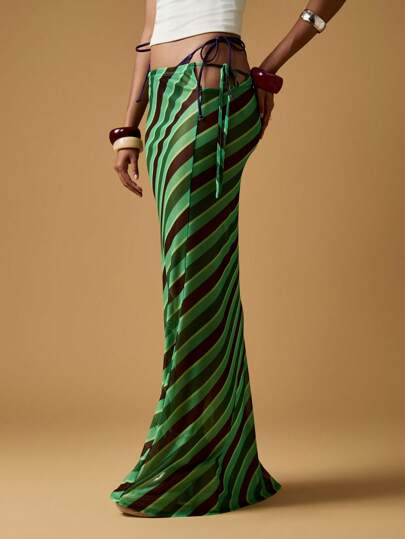 MISSGUIDED 斜条纹超长裙沙滩罩衫纱笼裹身泳衣罩衫度假装夏季沙滩装侧系带长裙