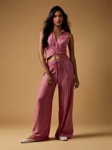 MISSGUIDED Quần ống rộng Palazzo phối hợp áo quấn vải lanh và quần dài ống rộng phối đồ đi nghỉ dưỡng, bãi biển mùa hè, bộ đồ mặc nhà sọc cạp cao, trang phục dự tiệc tối - Màu Hồng Tươi - Xem 4