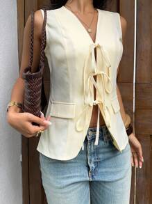 Sunnyshic Textured Bamboo Stripe Tie-Front Sleeveless Women Jacket - Yellow - View 3