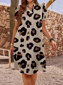 EMERY ROSE Women's Leopard Print Short Sleeve Summer Casual Vacation Dress,Gifts For Mother,Summer Holiday,Vacation Outfits Women Suitable For Going Out Chic Dress