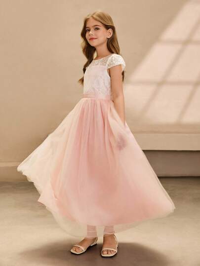 少女优雅奢华粉色圆领蝴蝶结后背装饰长款网眼连衣裙，适合女童参加晚会、生日、婚礼花童、舞会等场合