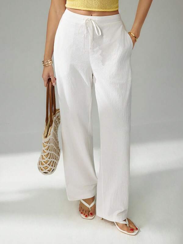 SHEIN Tall Pantalon large casual ample pour femme avec poche en biais, couleur unie et taille à cordon