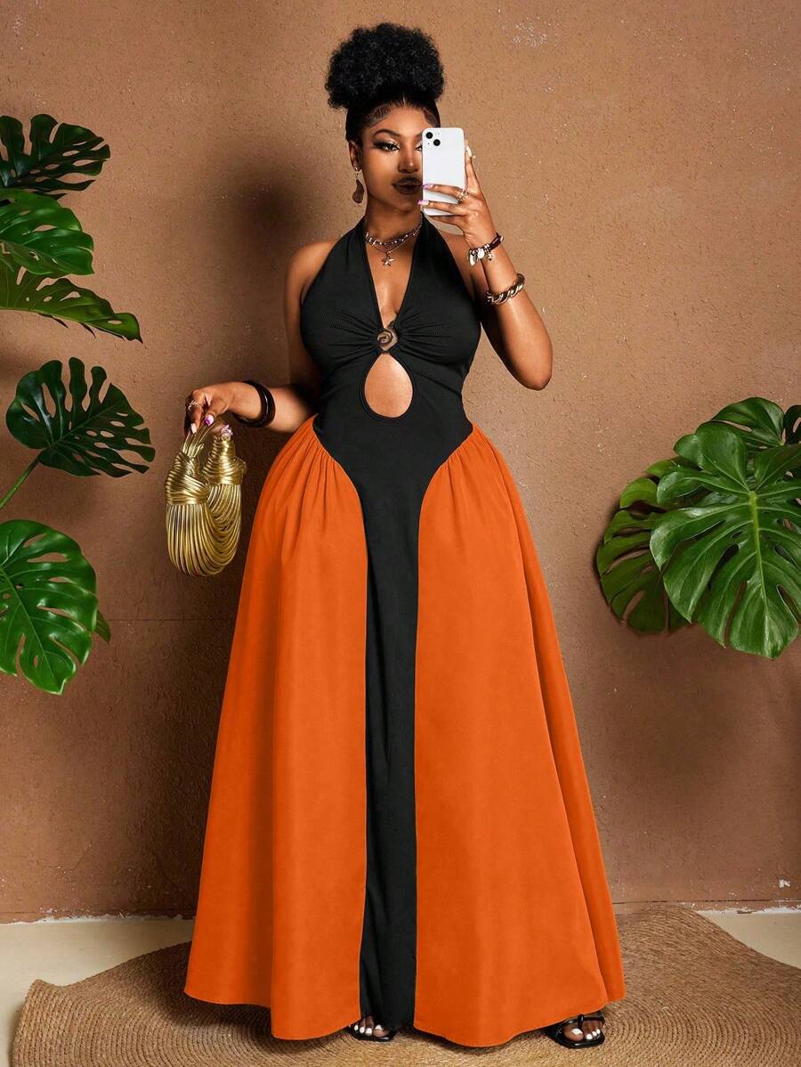 Maweii Plus Size Women Plunging Neckline Lace-Up Metallic Buckle Asymmetric Hem Semi-Sheer Split Side Sexy Summer Vacation Dress - Multicolor - View 1