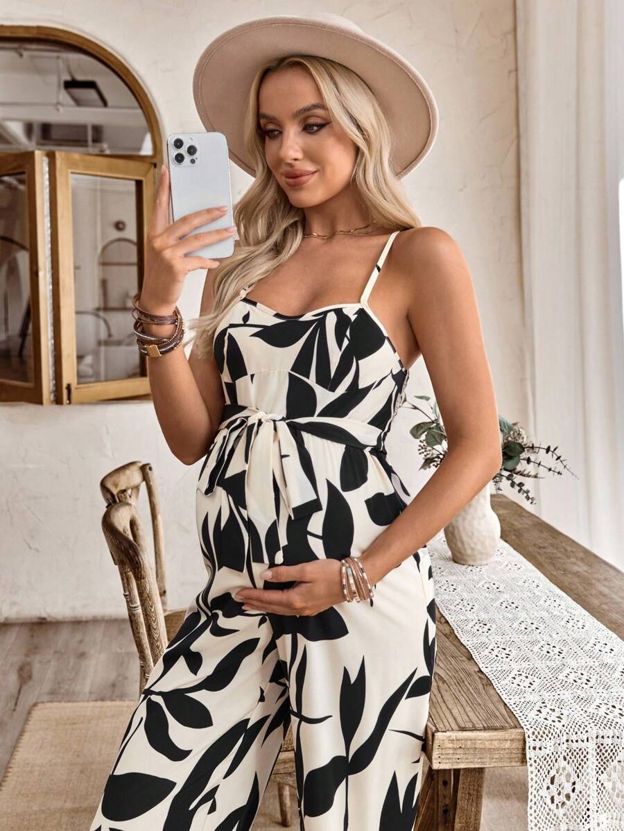 SHEIN Maternity Plant Print Casual Jumpsuit With Adjustable Strap & Wide Leg - Multicolor - View 1