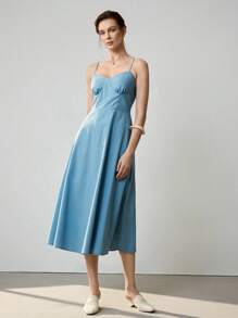Uhlyne 女士优雅性感细肩带亚麻 A 字中长连衣裙 - 藍色 - 查看 4