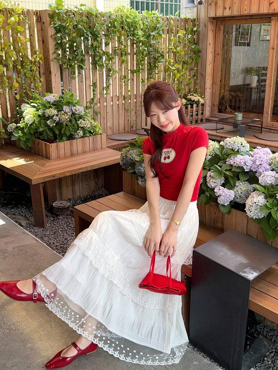 DAZY 女士夏季蕾丝拼接休闲A字裙 - 白色 - 查看 1