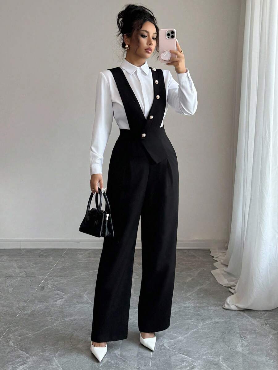 Elenzga Women's Casual Black Wide Leg Jumpsuit - Black - View 1