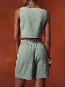 Zivah 2025春夏新款度假休闲优雅母亲节婚礼季音乐节派对夜店无袖方领上衣与纹理纯色短裤两件套-棕色 - 綠色 - 查看 2