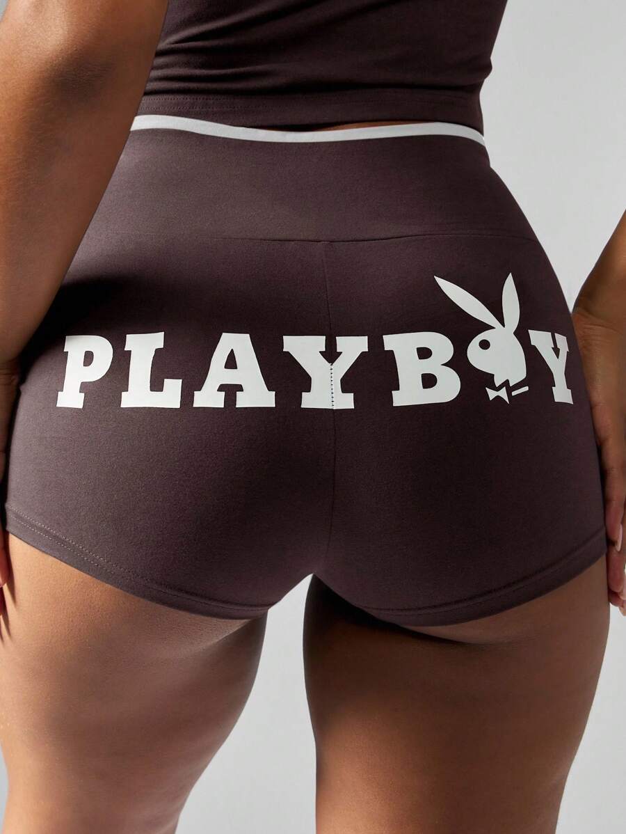 Missguided x Playboy 高腰弹力短裤复古兔子标志运动休闲短裤 - 咖啡棕 - 查看 1