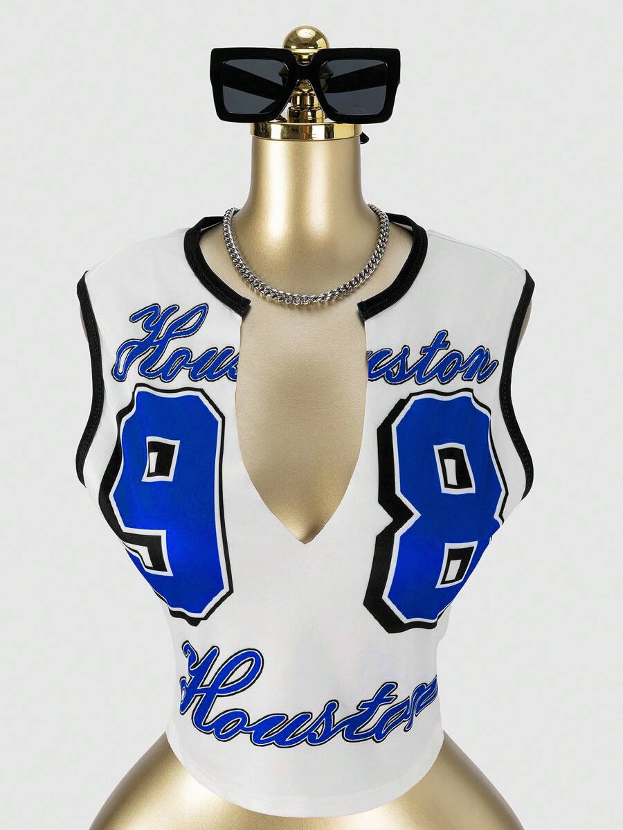 SHEIN SXY Áo ba lỗ in họa tiết đường phố không tay gợi cảm, mùa xuân/hè - Màu xanh lam - Xem 1