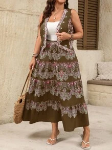 SHEIN Clasi 2pcs/Set Women Summer Casual Western Style V-Neck Sleeveless Top With Printed Pattern And Elastic Waist Long Skirt Boho Skirts For Women Bohemian Skirt Brown Long Skirt Tiered Maxi Skirt Bohemian Maxi Skirt - Coffee Brown - View 5