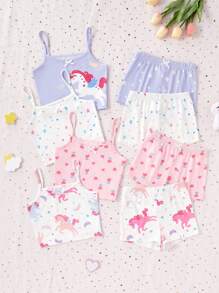 8件套女童独角兽、心形、月亮、星星和花卉图案夏季背心和内裤套装。适合小女孩穿着，柔软透气，可机洗，舒适贴身，设计简约。（4件套单独出售），女童内衣套装，舒适贴身睡衣，女童独角兽睡衣，返校时尚，返校时尚 - 彩色 - 查看 4