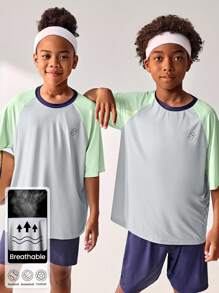 Back To School Clothes, Tween Girl And Boy Clothes Outdoor Professional Sports Short Sleeve T-Shirt, Children's Round Neck Patchwork Contrast Color Professional Outdoor Sports T-Shirt - Multicolor - View 1