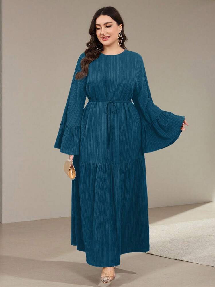 Veilorie 大码女式纯色圆领喇叭袖荷叶边下摆优雅连衣裙 - 藍色 - 查看 4