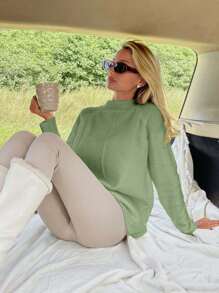 EURMUSE 女士纯色立领插肩袖毛衣 - 薄荷綠 - 查看 5