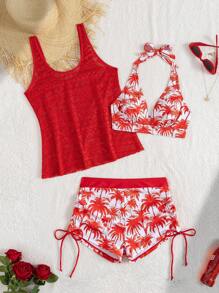 Swim Lushoire Set de 3 piese pentru vacanță la plajă: slip de baie cu imprimeu de cocos în V adânc, kimono transparent croșetat și top de bikini triunghiular, stil matur - roșu - Vizualizare 3