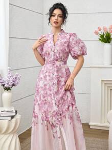 SHEIN Najma 法式浪漫优雅复古纽扣装饰女士华丽浪漫风格连衣裙 - 彩色 - 查看 5