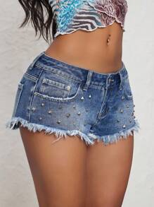 Jeanoix 大码女式性感休闲街头时尚低腰铆钉下摆超短牛仔短裤，夏季 - 藍色 - 查看 4