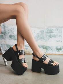 Sugerpunk 女鞋带可调节双水钻带，圆头厚底 4.5 英寸高跟哥特朋克风格黑色皮革厚底坡跟凉鞋，适合夏季户外、通勤、派对 - 黑色 - 查看 4