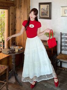 DAZY 女士夏季蕾丝拼接休闲A字裙 - 白色 - 查看 5