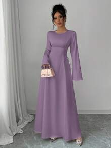 Elenzga Đầm Maxi Satin Tay Loe Cinched A-Line Màu Mơ Thanh Lịch Cho Nữ - Bụi tím - Xem 3