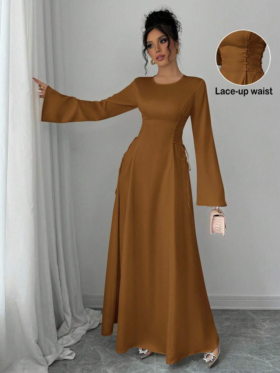Elenzga 优雅杏色 A 字型束腰喇叭袖连衣裙长款缎面女装 - 卡其色 - 查看 1