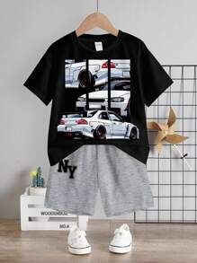SHEIN Conjunto de shorts de manga corta y pantalones cortos con estampado de coche blanco, NY, Nueva York para niños jóvenes, casual y sencillo, adecuado para el verano