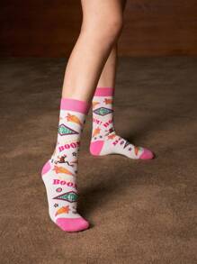 HARRY POTTER X SHEIN 4 Pairs Soft & Breathable Moisture-Wicking Casual Women Crew Socks With Fashionable And Cute Pink Crew Socks Reinforced Toe & Heel For Durability Unisex For Men & Women All Season All-Match,Christmas