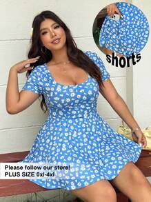 SHEIN EZwear Plus Size Women's Basic Black Square Neck Short Sleeve A-Line Ruffle Hem Jumpsuit Romper, Stretchy Comfy Fabric, Suitable For School, Outdoor, Yoga, Fitness, Daily Wear, Versatile - Blue - View 1