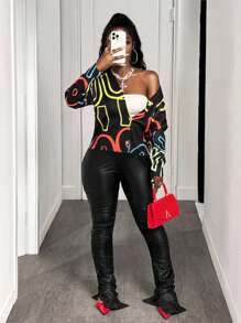 BamGleam 女士时尚字母涂鸦印花深 V 领长袖休闲宽松针织开衫 - 藏蓝色 - 查看 6