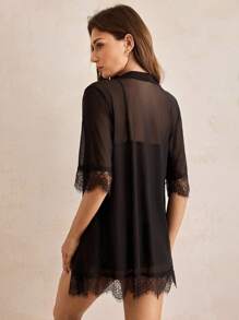 SHEIN 3pcs Contrast Lace Mesh Slips With Thong & Belted Robe, Lingerie Set - Black - View 2