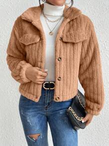 EMERY ROSE 女式休闲街头时尚纯色宽松落肩翻盖细节羊毛夹克，秋冬 - 卡其色 - 查看 6