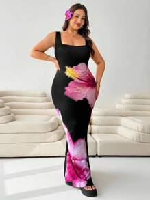 Solflare 方领无袖花卉印花大码连衣裙